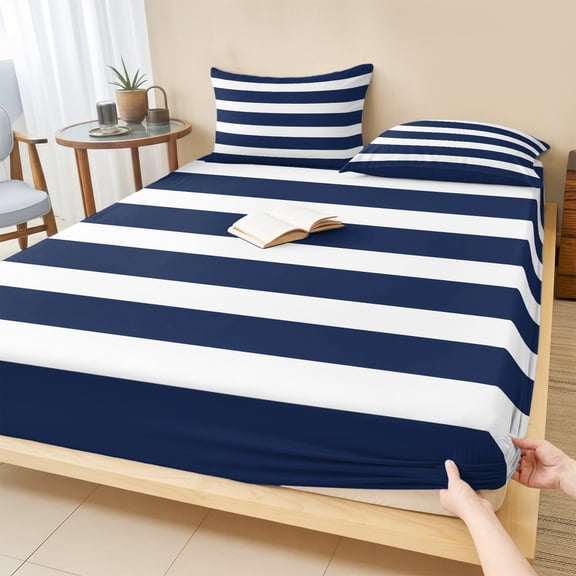 Queen Size Fitted Sheet Set - Navy Blue Stripe 3 Piece Bedding Sets 16" Deep Pocket Fitted Sheet with 2 Pillowcases, Modern Simple Geometric White Striped Brushed Microfiber Hotel Luxury Bed Sheets