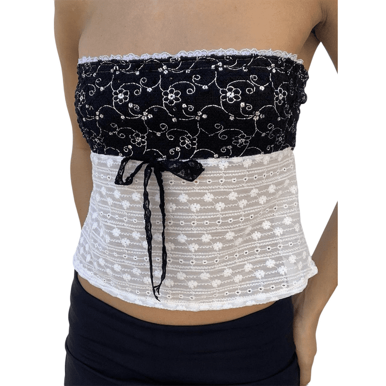 Womenacute;s Lace Tube Tops, Strapless Tie-Up Front Eyelet Embroidery  Bandeau Crop Tops（S,M,L） 