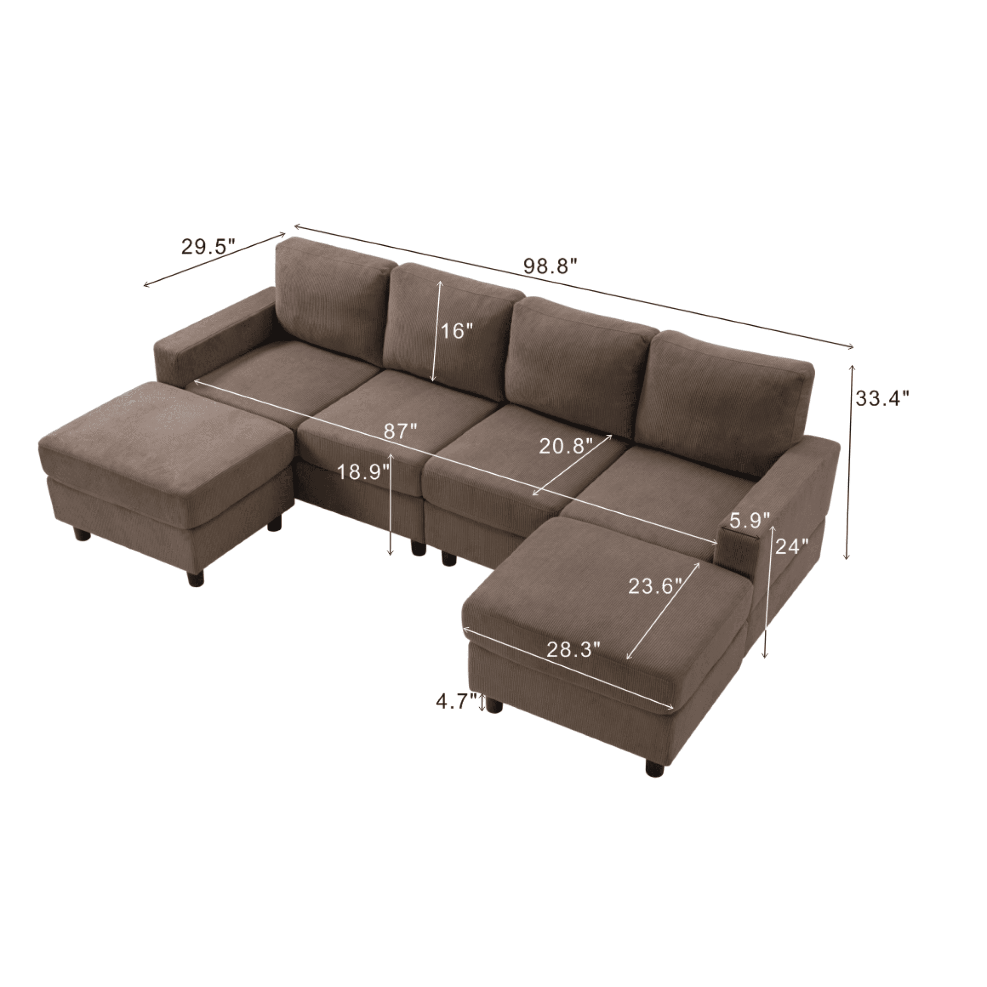 98.8 Inch Oversized U-Shaped Sectional Couch, Corduroy Upholstered 4-Seat Double Chaise Sofa with Thick Padding and Solid Plastic Legs for Living Room Family Room, Brown