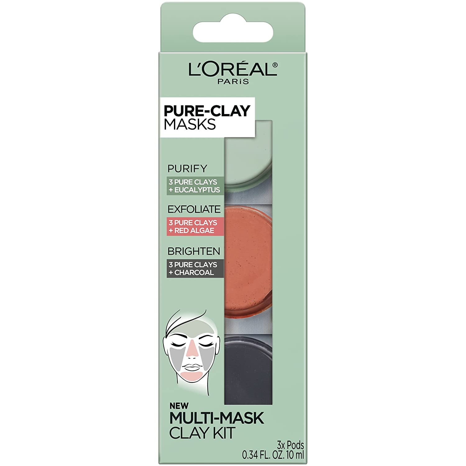 L'Oreal Paris Skincare Pure-Clay Face Mask Trial Size Set, Includes 3 Different Face Masks Made With Charcoal, Red Algae and Eucalyptus, Set