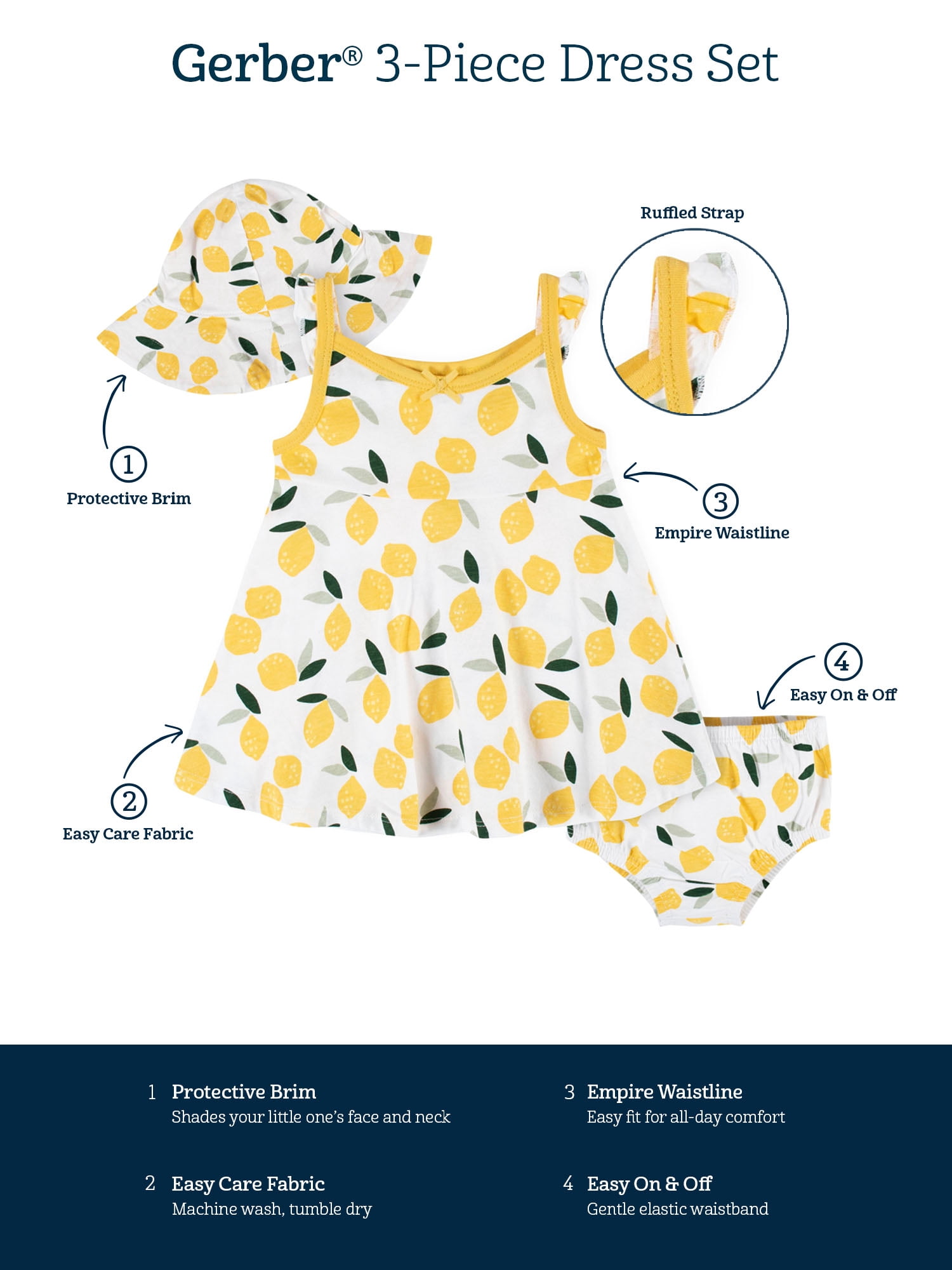 Gerber Baby & Toddler Girl Dress, Diaper Cover & Sun Hat Outfit Set, 3-Piece, (Newborn - 5T)