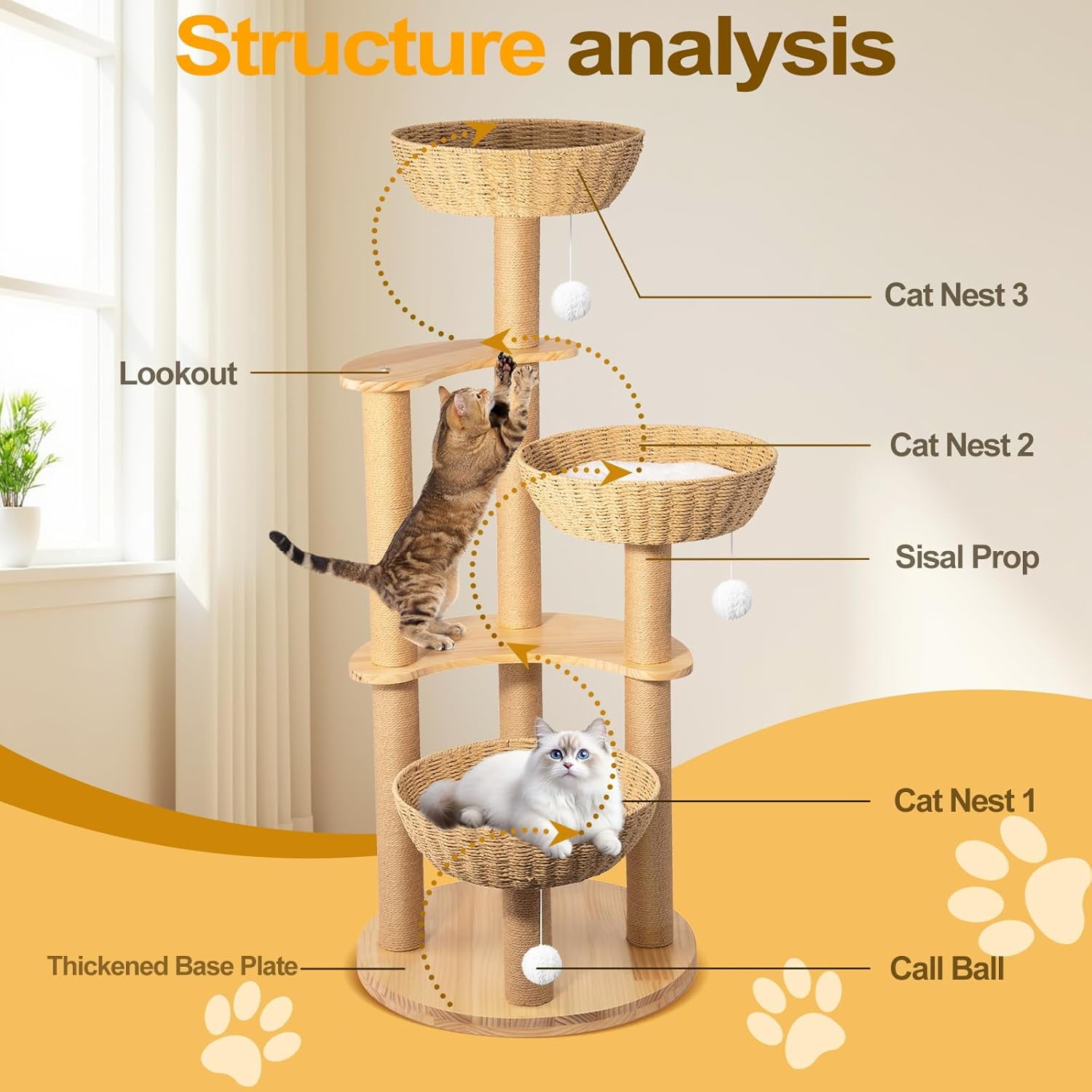SHZOND Multi-Level Cat Tree Tower, 52" Oak Wood Cat Tree for Large Cats with 3 Weaving Cat Nests, Morden Cat Condo with 8 Scratching Posts for Indoor Cats, Cats Furniture Activity Center
