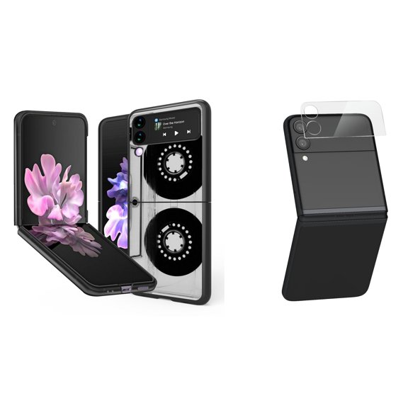 Bemz Premium Bundle for Samsung Galaxy Z Flip 3 5G: Slim Snap-On Protector Case (Retro Cassette Tape), Rear Camera Glass Protector