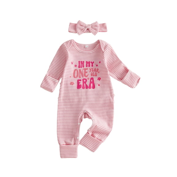 BemeyourBBs Toddler Baby Girls First Birthday Outfits One Years Old Birthday Clothes Waffle Knit Striped Romper Long Sleeve Letter Print Striped Jumps Headband Set Fall Winter Spring Clothes