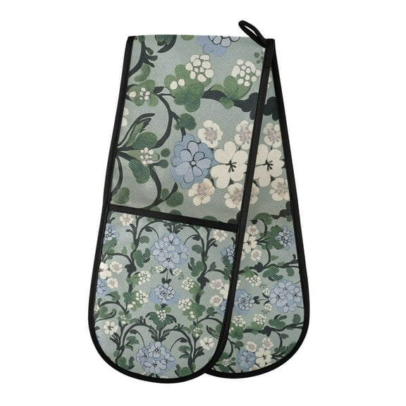 Yayeee Double Oven Mitt Kitchen Heat Resistant Baking 35" x7" Quilted Glove, Blue Blossom