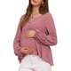 thumbnail image 4 of Blusa de maternidad para mujeres Inspire Chic, tops de corte alto-bajo, cuello en V, estilo babydoll, con botones, de manga larga, con linterna, plisada, fruncida y con volantes, embarazo, 2XL, rosa, 4 of 6