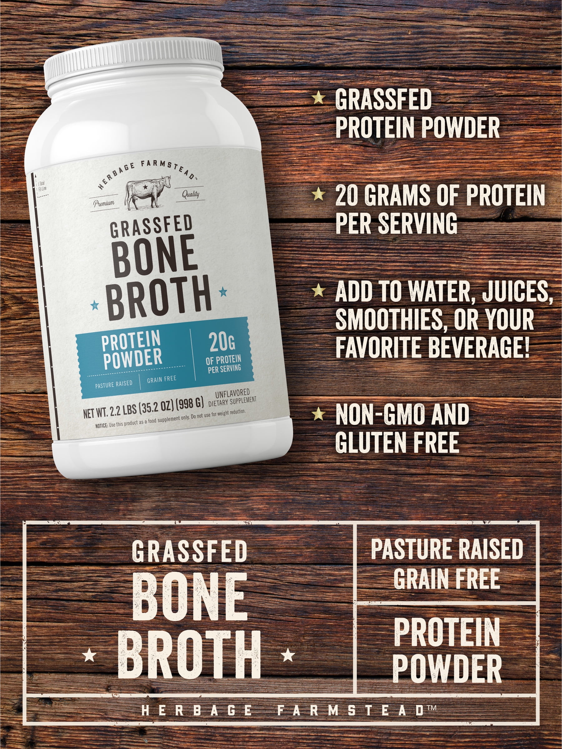 Grass Fed Bone Broth Protein Powder | 35.2 oz (2.2lb) | 20g Protein for Men and Women | Herbage Farmstead by Carlyle