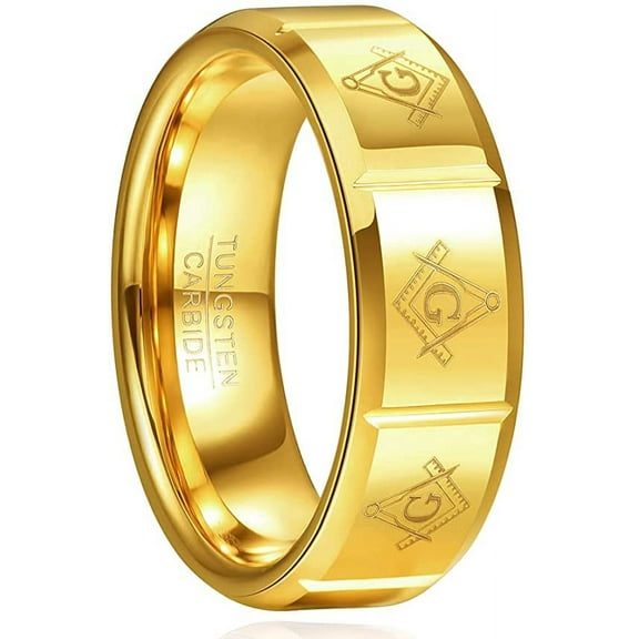 Men /Women 8mm Gold Tungsten Carbide Ring with Laser Masonic Symbol Tungsten Wedding Band Rings Beveled Edges Comfort Fit Size 7-12