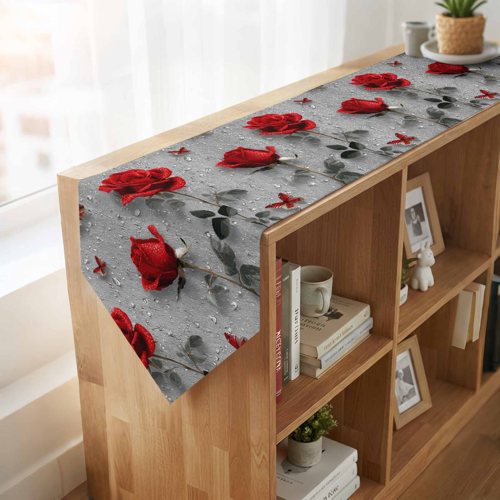 Red Roses Table Runner Linen Burlap Table Runner 90 Inches Long Valentine's Day Butterflies Floral Romantic Gray Dresser Scarves for Kitchen Island Coffee Dining Party Wedding Holiday Decor 13"x90"