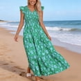 thumbnail image 4 of Aellinatey Women Ruffle Sleeve V Neck Smocked Flower Print A Line Maxi Dress For Vacation, 4 of 18