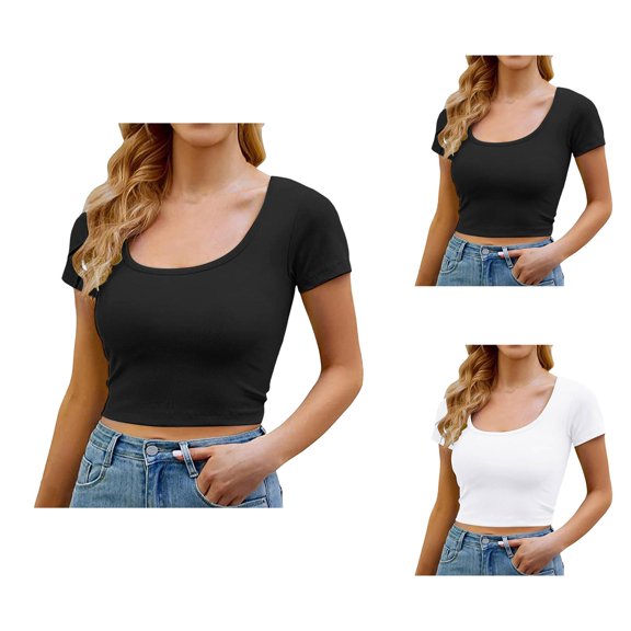 T Shirts for Women Summer Solid Fashion Casual Crew Neck Short Sleeve Crop Tops Sports Top
