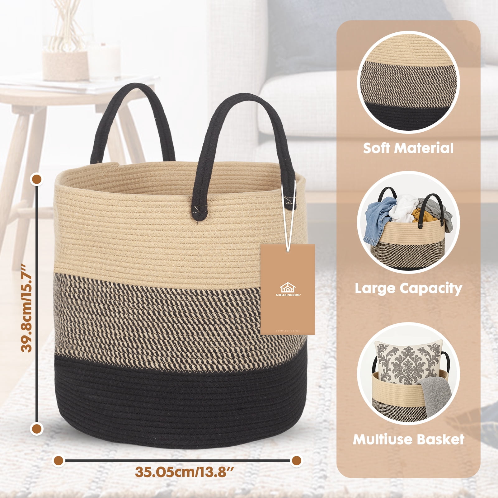 PinkSheep Laundry Basket, Collapsible Woven Cotton Rope Laundry Hamper Storage Baskets with Handles, Khaki Black