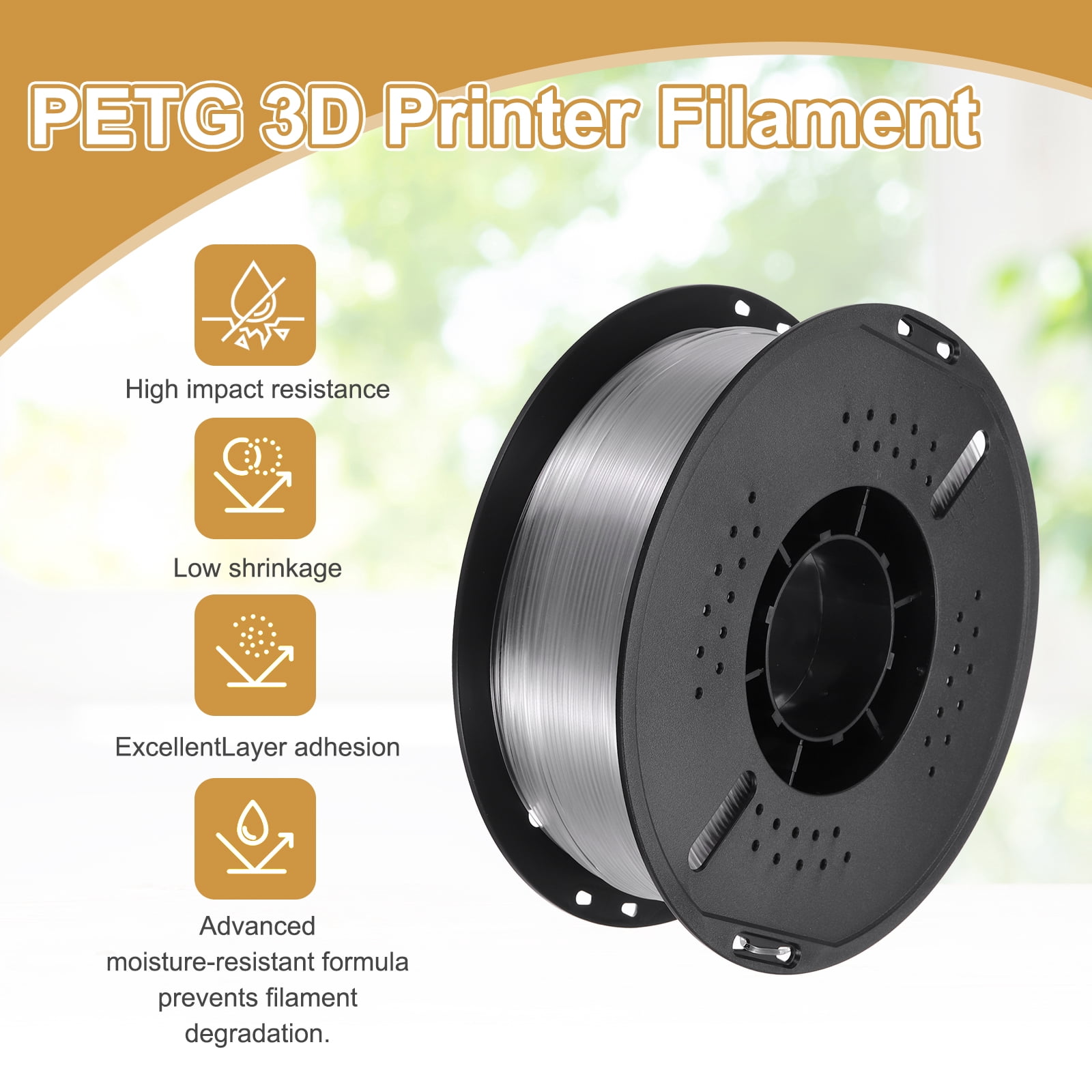 PETG 3D Printer Filament, 1.75mm 1KG High Precision Moistureproof Toughness Glossy Filament Clear