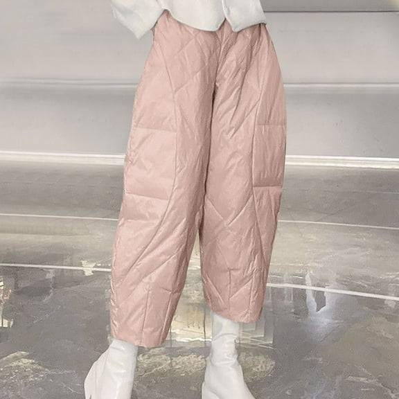 CQONEPT Women's Padded Pants Puffer Quilted Lightweight Down Pant Cozy Casual Thick Thermal High Waist Trousers Pink 4XL