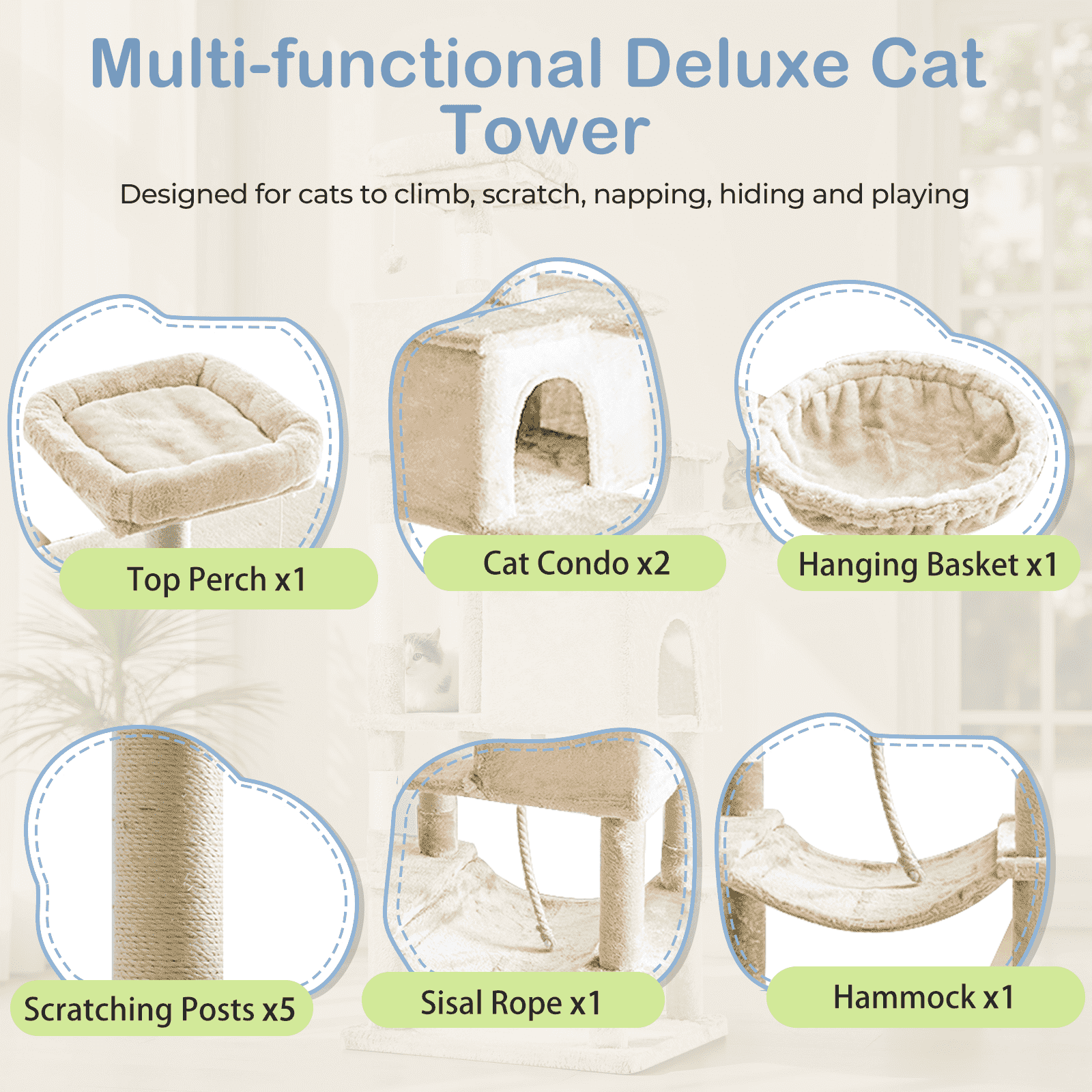 MAYEERTY 66-inch Cat Tree Tower Multi-Cat Climbing Extended Platform Hammock Pet House