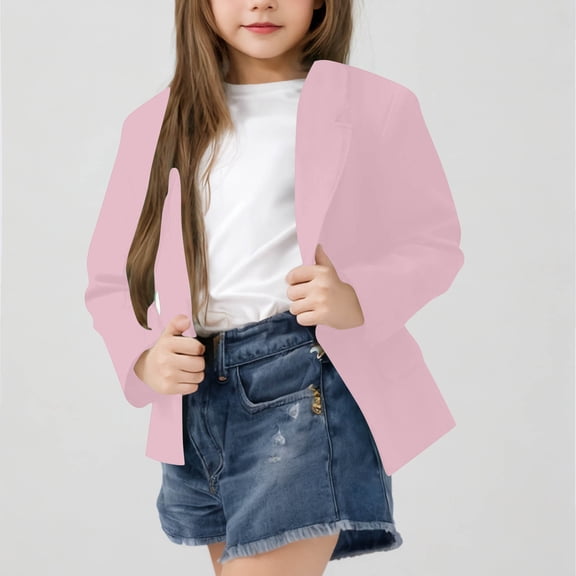 5-14Y Girls Solid Lapel Long Sleeve Formal Blazer Kids Fashion Outer Suit Jacket Pink 9-10 Years