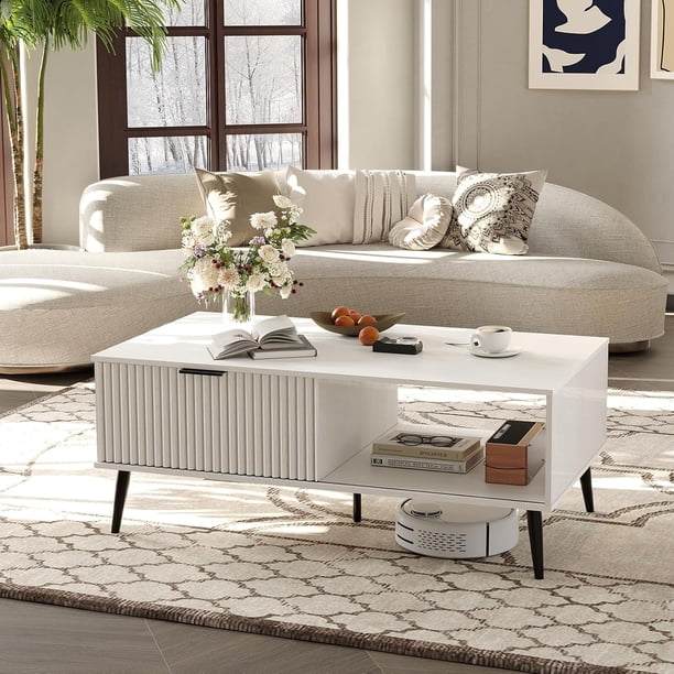 Qinaqin Blanco Mid Century Moderno Coffee Mesa con Almacenamiento de Profundidad Madera 2-Tier Cocktail Sliding Puerta y Solid Legs para Living Sala o Oficina en Casa