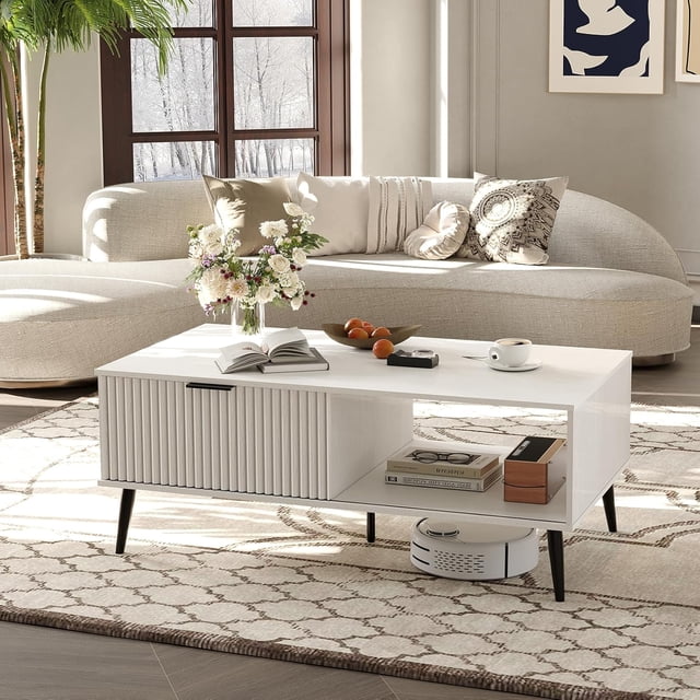 Blanca mid century moderno coffee mesa con almacenamiento - de madera 2 niveles cocktail mesa con sliding door y solid wood legs para sala de estar o oficina en casa