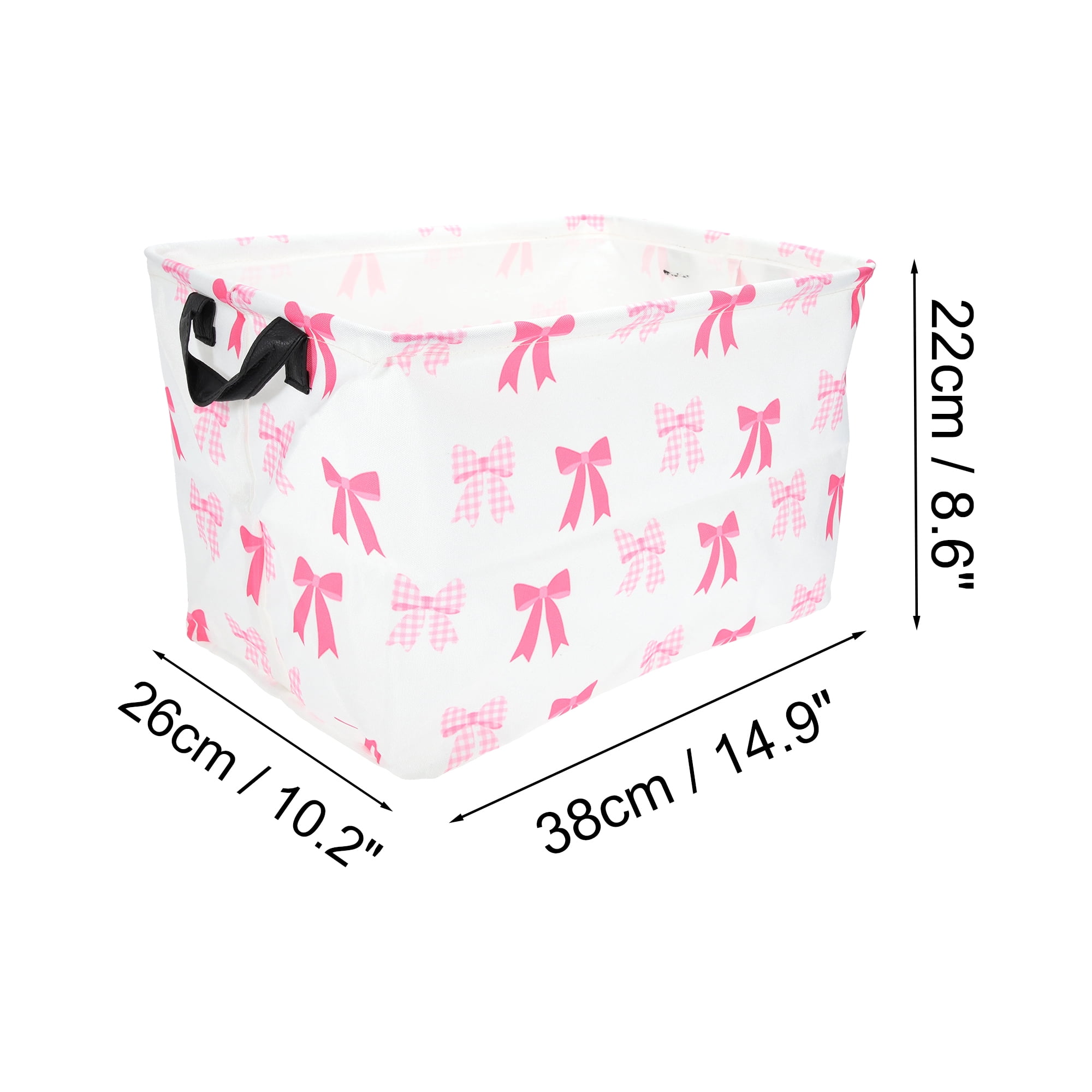 Unique Bargains Bow Print Storage Basket with Handles 14.9x10.2x8.6in 1 Pc Pink, White