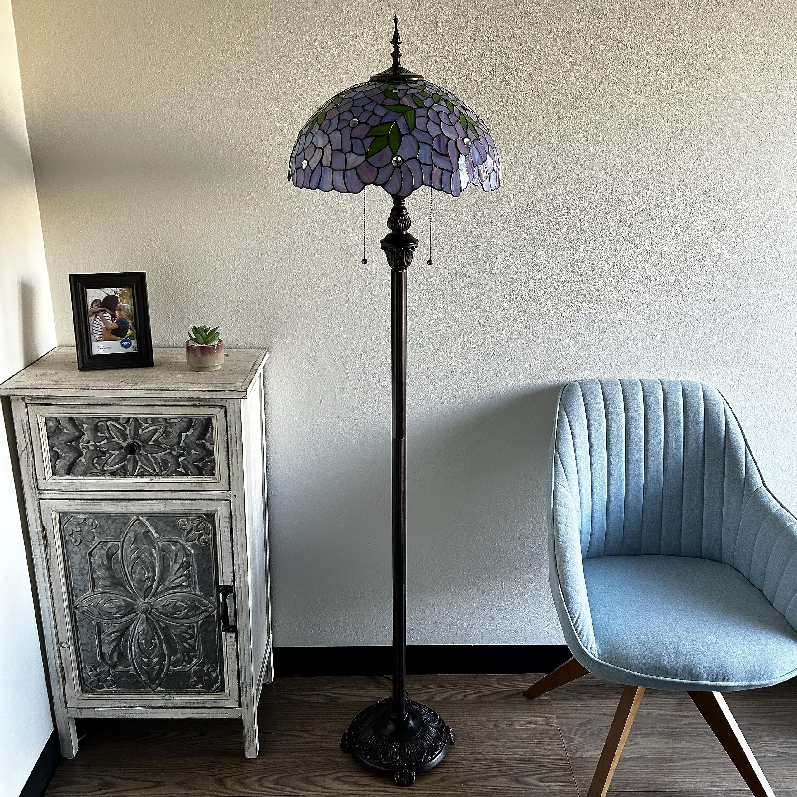Tiffany Floor Lamp Purple Stained Glass Green Leaves Metal Base LED Bulbs Included For Living Room Bedroom 16"W*16"D*64"H