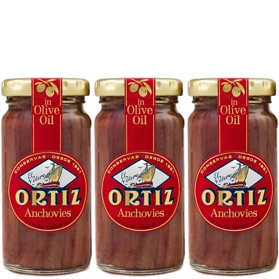 Ortiz Anchovies in Olive Oil 3.35oz/95gr | Premium Spanish Anchovy Filets in Olive Oil | 3 Pack [3.35oz/95gr Glass Each]