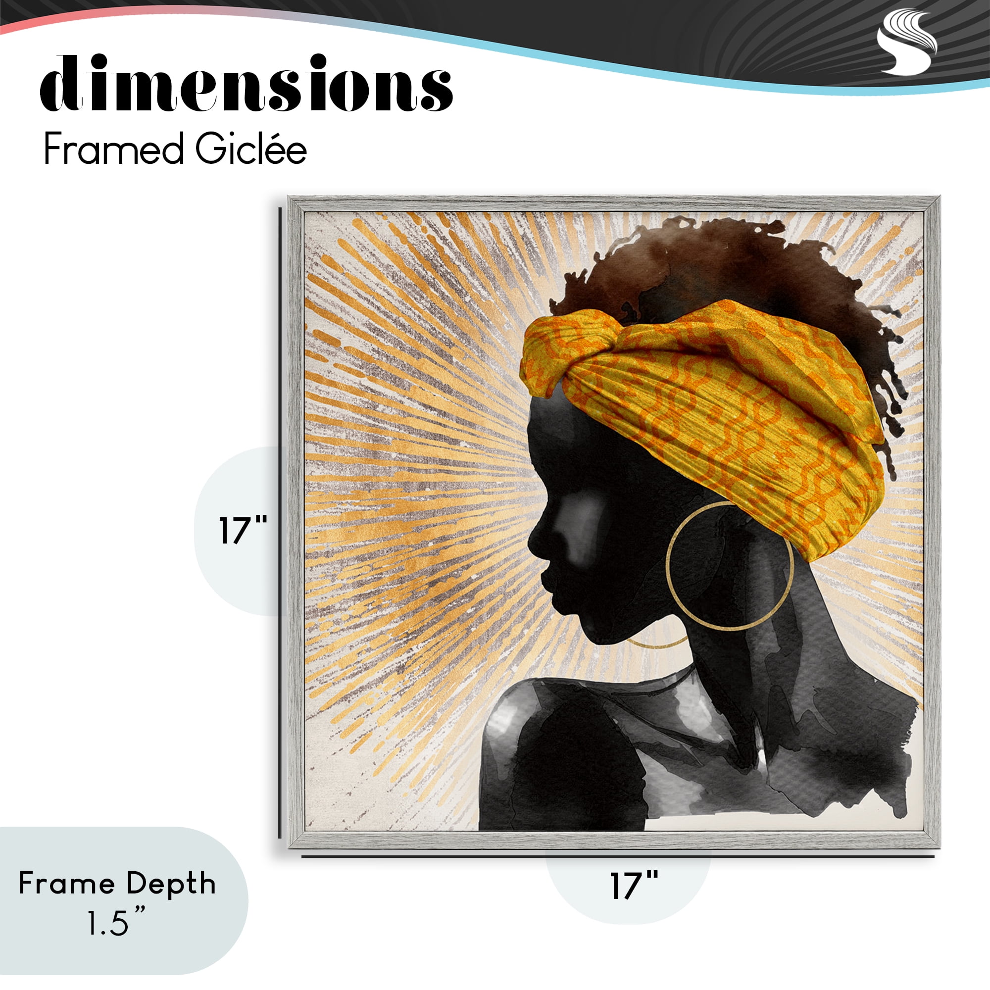 Stupell Industries Golden Sunburst Profile with Headwrap Gray Framed Giclee Art, design by CAD Designs