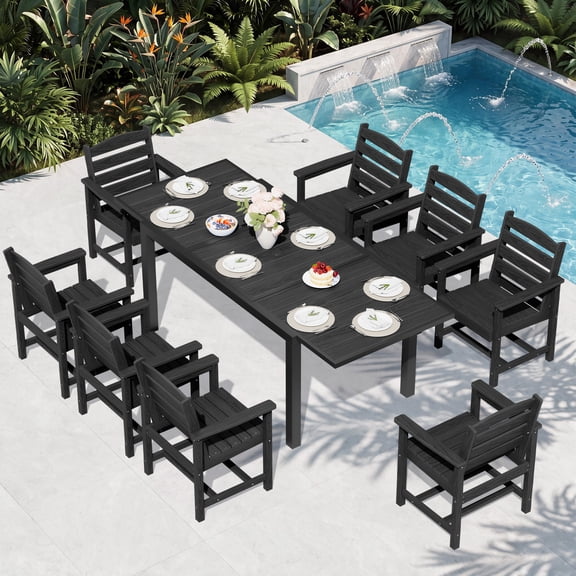 LOYALICE 9PC Expandable Outdoor Dining Set,Aluminum Expandable Patio Dining Table with 8 HDPE Chairs,Weather-Resistant Patio Furniture Set,Black