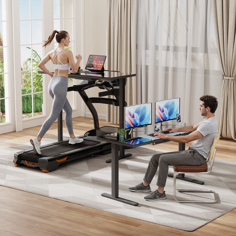 Homall 55" x 24" Glass Top Electric Standing Desk with Drawer, Height Adjustable Desk with Phone Stand & Charging Ports, Sit Stand up for Home Office,Black