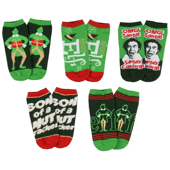 Elf The Movie Socks Women's Socks Buddy The Elf Character Catchphrase Designs Adult Mix and Match 5-Pack No-Show Ankle Socks