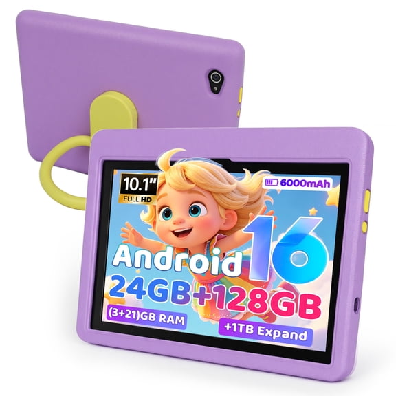 10.1 Inch Kids Tablet, Android 16 tablet for Kids,24GB RAM 128GB ROM, 6000mAh Children Tablet, Parental Control, Educational Tablet, Pink