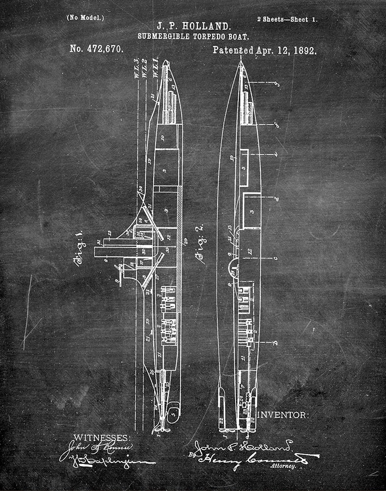 Original Submarine Artwork Submitted In 1892 - Nautical - Patent Art ...