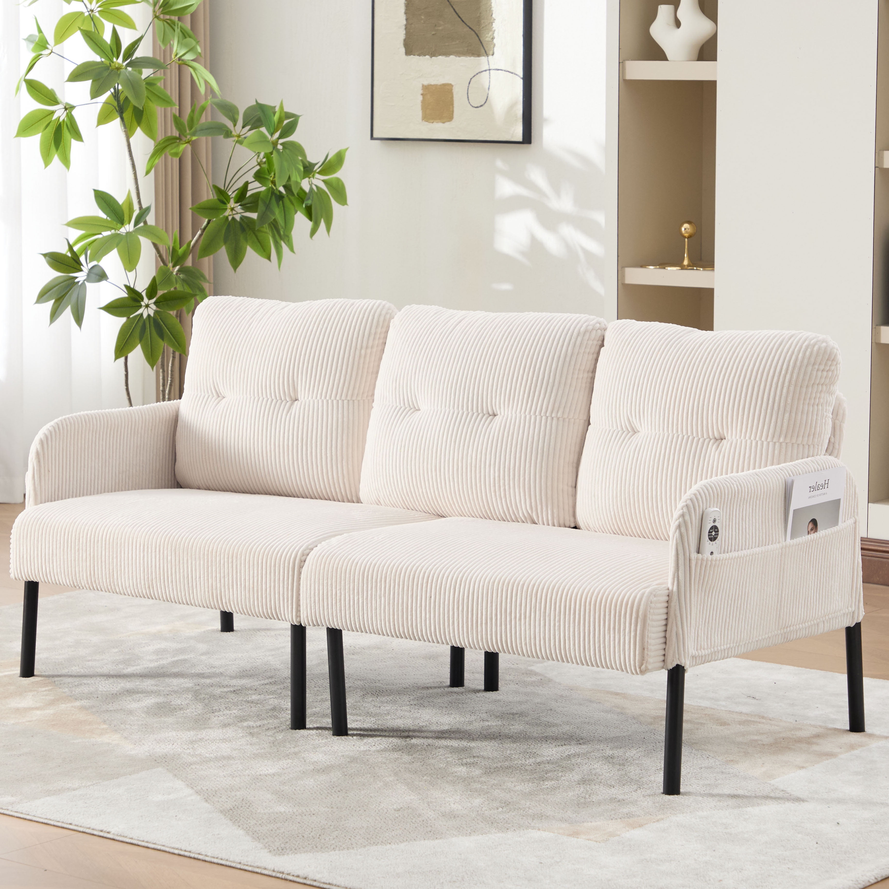 S-HOME Modern Plush Corduroy Upholstered Loveseat with Dual Side Pockets and Metal Legs, Sofa for Apartment, Beige