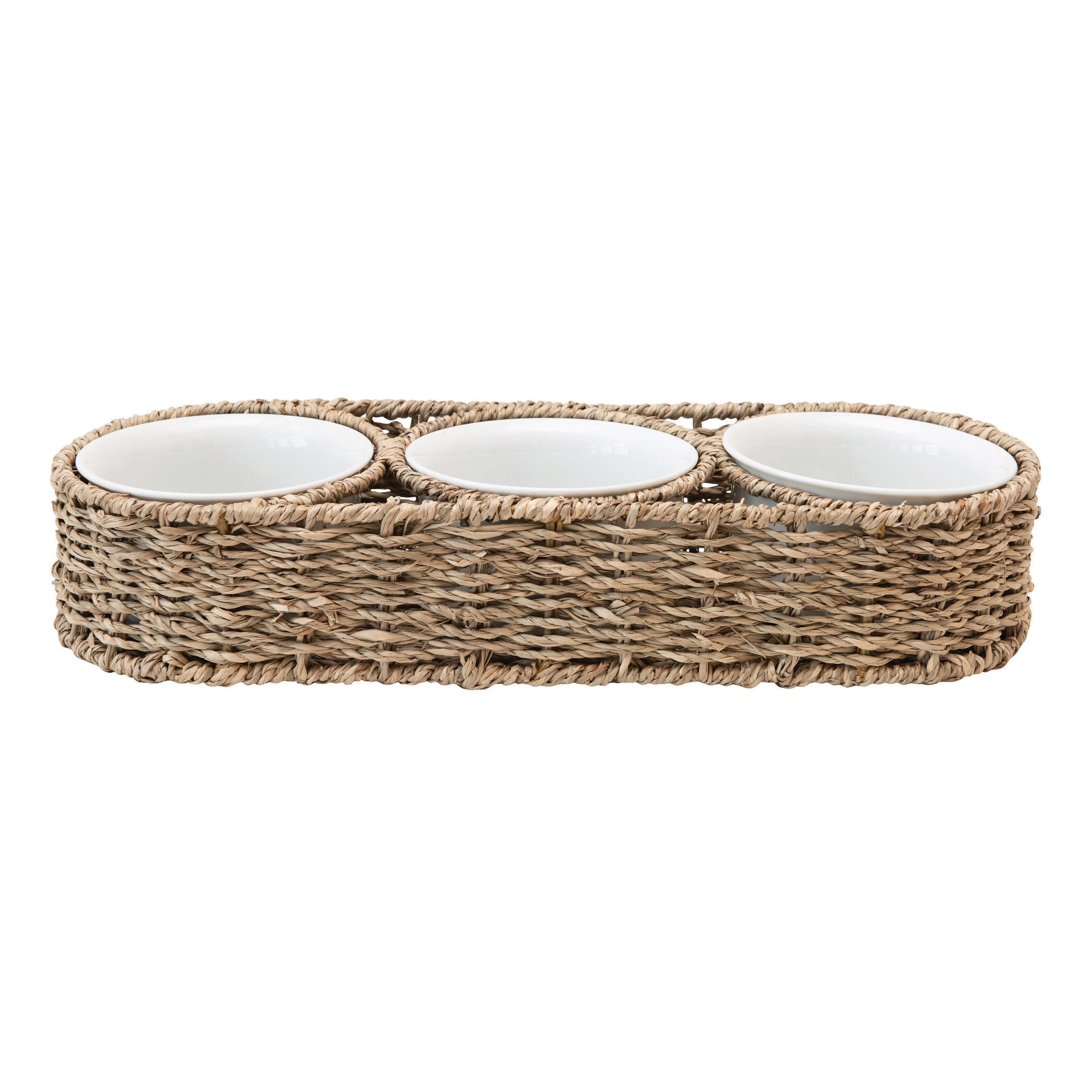 Natural Ceramic Chip & Dip Bowl Creative Co-Op Hand-Woven Seagrass Basket with 6 oz 
