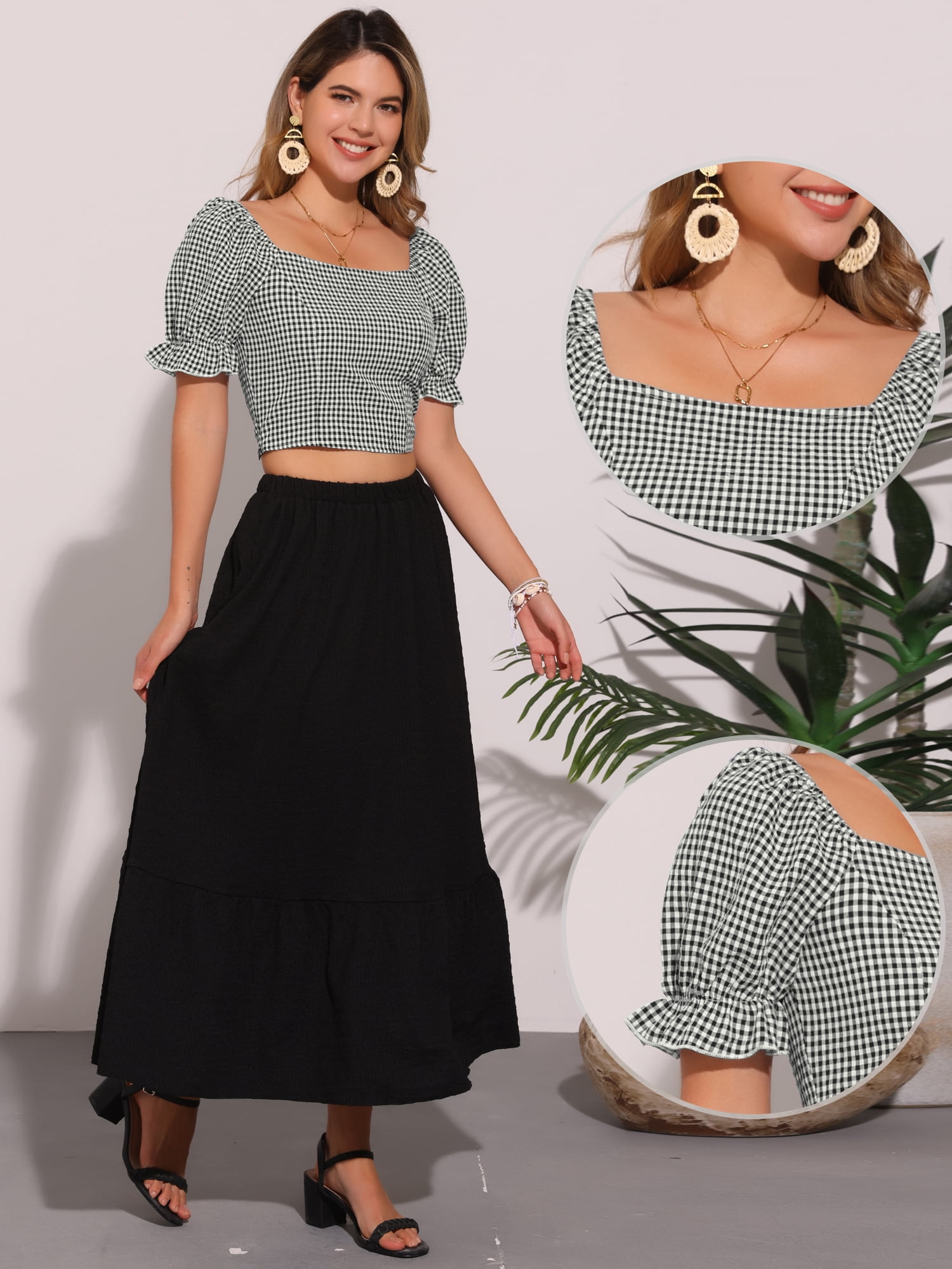 DARING DIVA Women's Smocked Crop Bubble Sleeve Peasant Gingham Tops L Black White