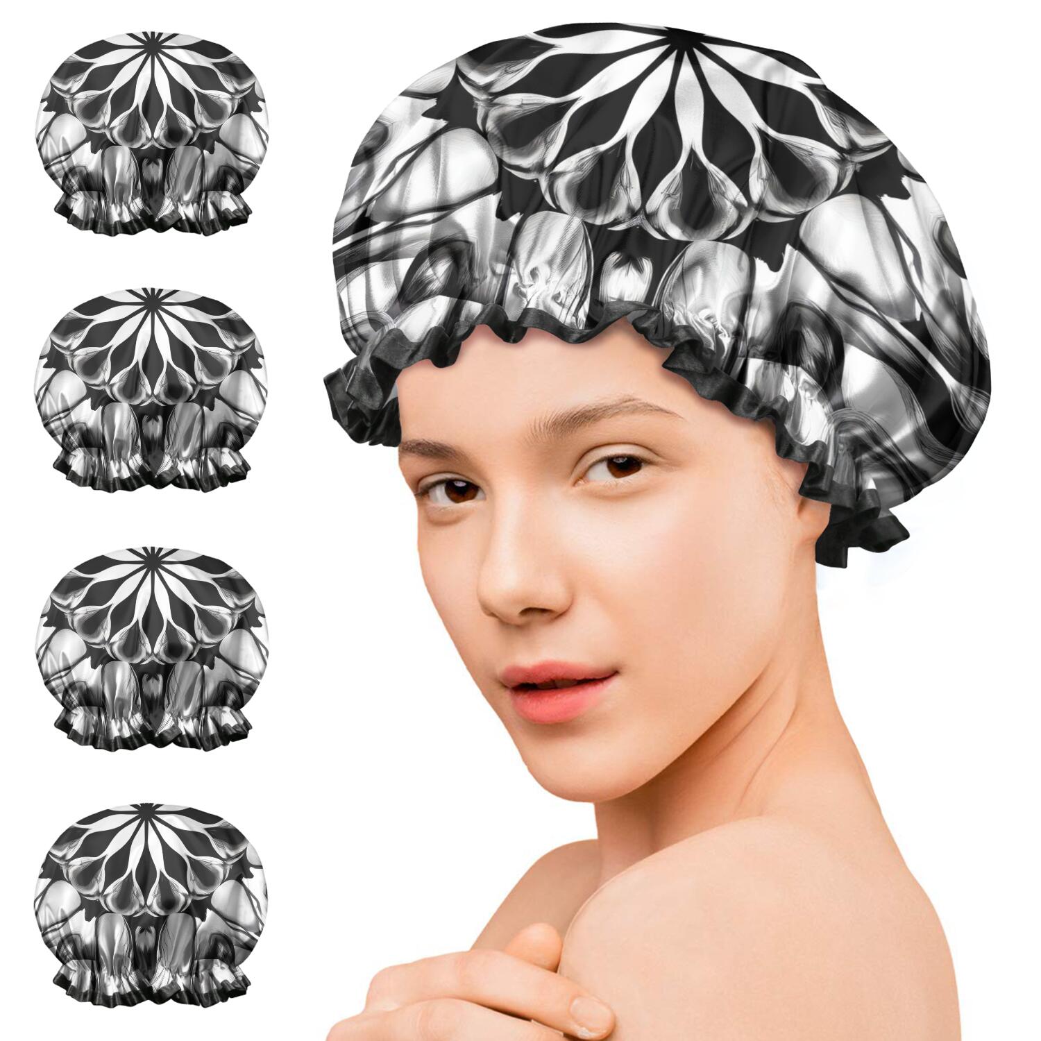 Shower Caps,Black White Tie Dye Mandala Pattern Waterproof Shower Cap for Women 4 Pieces,Double Reusable Hair Cover for Shower PEVA Elastic Stretch Hem