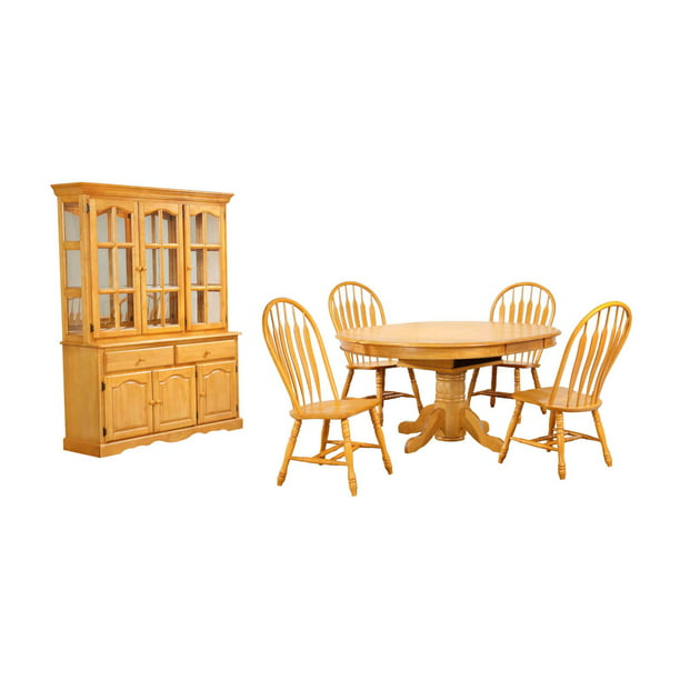 Sunset Trading 7 Piece Dining Table Set, Light Cherry Wood Dining Room Chairs With China Cabinet