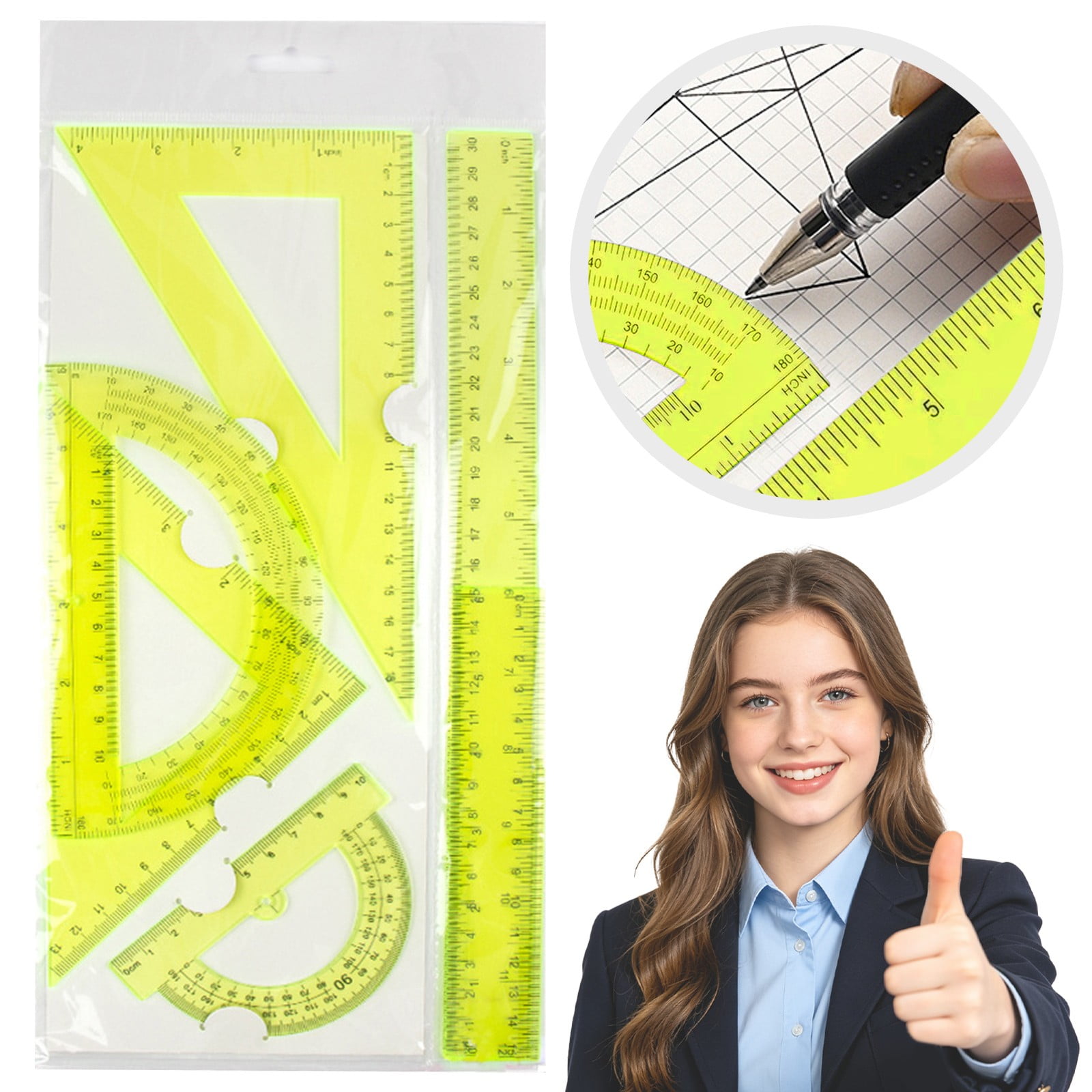 olkpmnmk 6Pcs Triangular Ruler Set Ruler and Protractor Set Math Drafting Tools 2 Straight Ruler 2 Geometric Protector 2 Triangle Rulers for Office Drafting Drawing Classroom Essentials