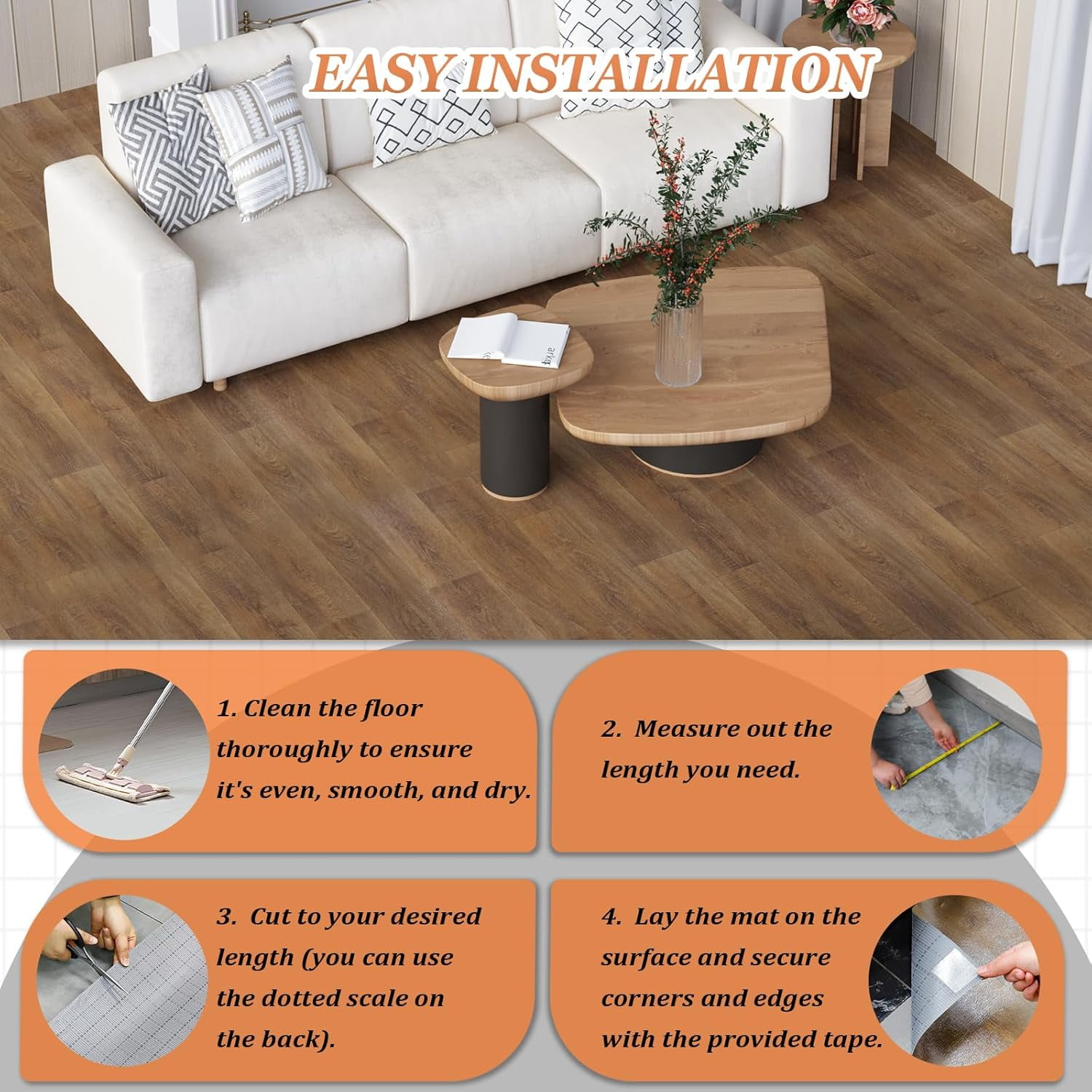 Oxdigi Vinyl Flooring Roll 39.3x196 inches, PVC Leather-Like Linoleum Floor Covering with Tape, Removable- No Adhesive Backing Nature Wood