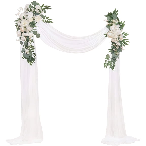 Artificial Flowers for Wedding Arch Kit, 3 Pcs Ivory Green Floral Corner, Sheer Drape, Chiffon Gauze, Wedding Arbor, Ceremony and Reception Backdrop Decor