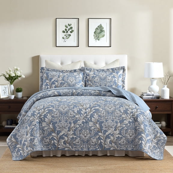 BCOTTON King Quilt Set - Luxury Blue Floral Beddings - 100% Cotton All Season Reversible Bedspread Set for King Bed- Lightweight, Soft, Pre-Washed(Blue/White)