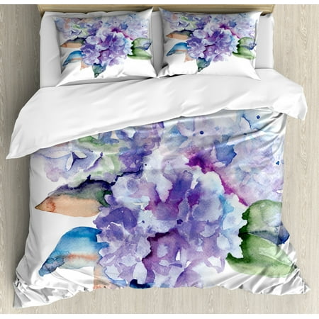 Watercolor Duvet Cover Set Delicate Hydrangea Flowers Blooming