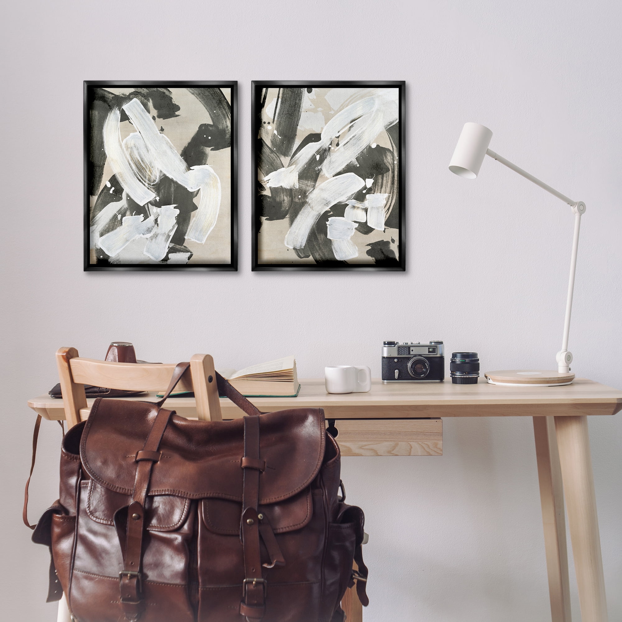 Stupell Industries Neutral Paint Streaks Abstract Painting Black Floater Framed Canvas Art Print Wall Art, 17 x 21, Set of 2