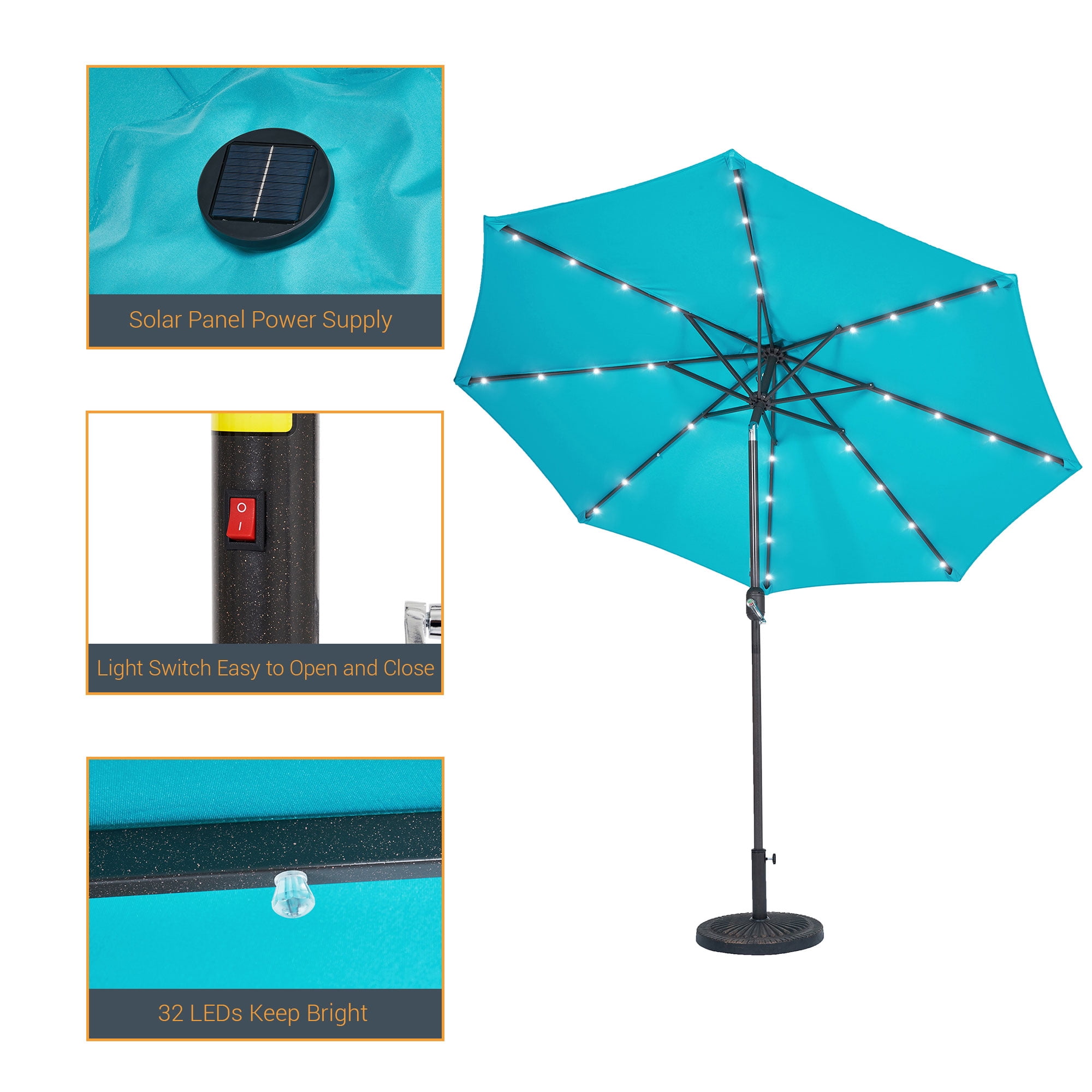 CHYVARY Outdoor LED 9Ft Patio Table Umbrellas with Solar Lights and Tile Button for Garden, Deck and Poolside,Lake Blue
