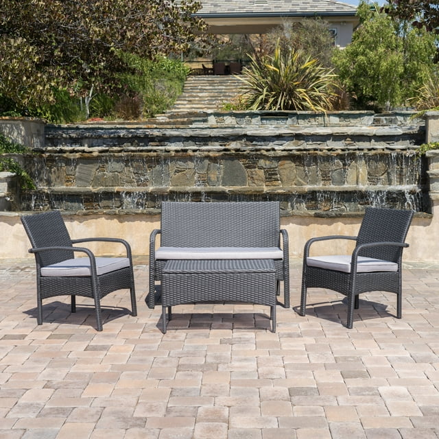 Ensemble de Conversation en Osier Gris 4 Pcs avec Coussins Résistants à l'Eau Argentés