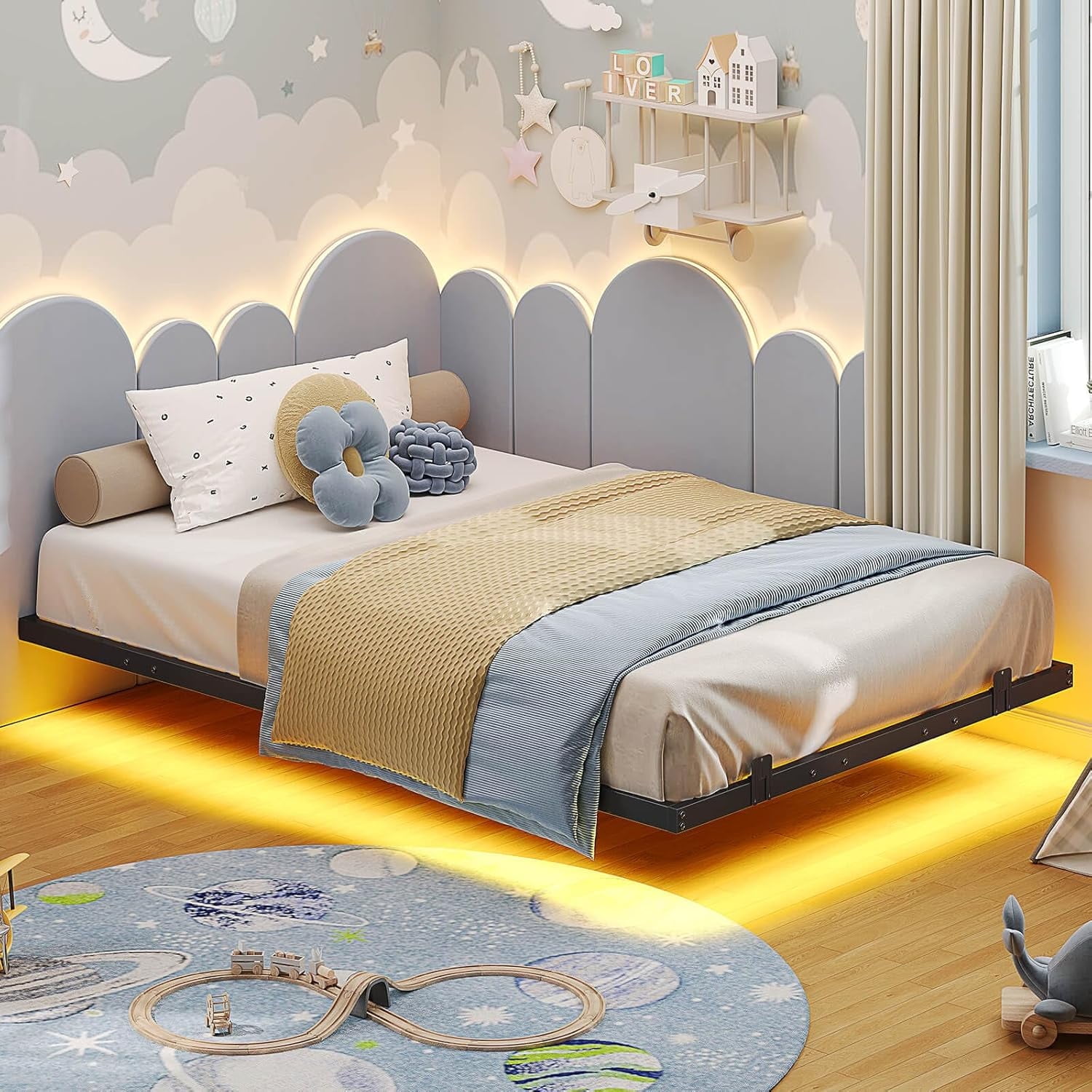 Floating Bed Frame Twin Size Metal Platform Bed with LED Lights for Bedroom, No Box Spring Needed, Black