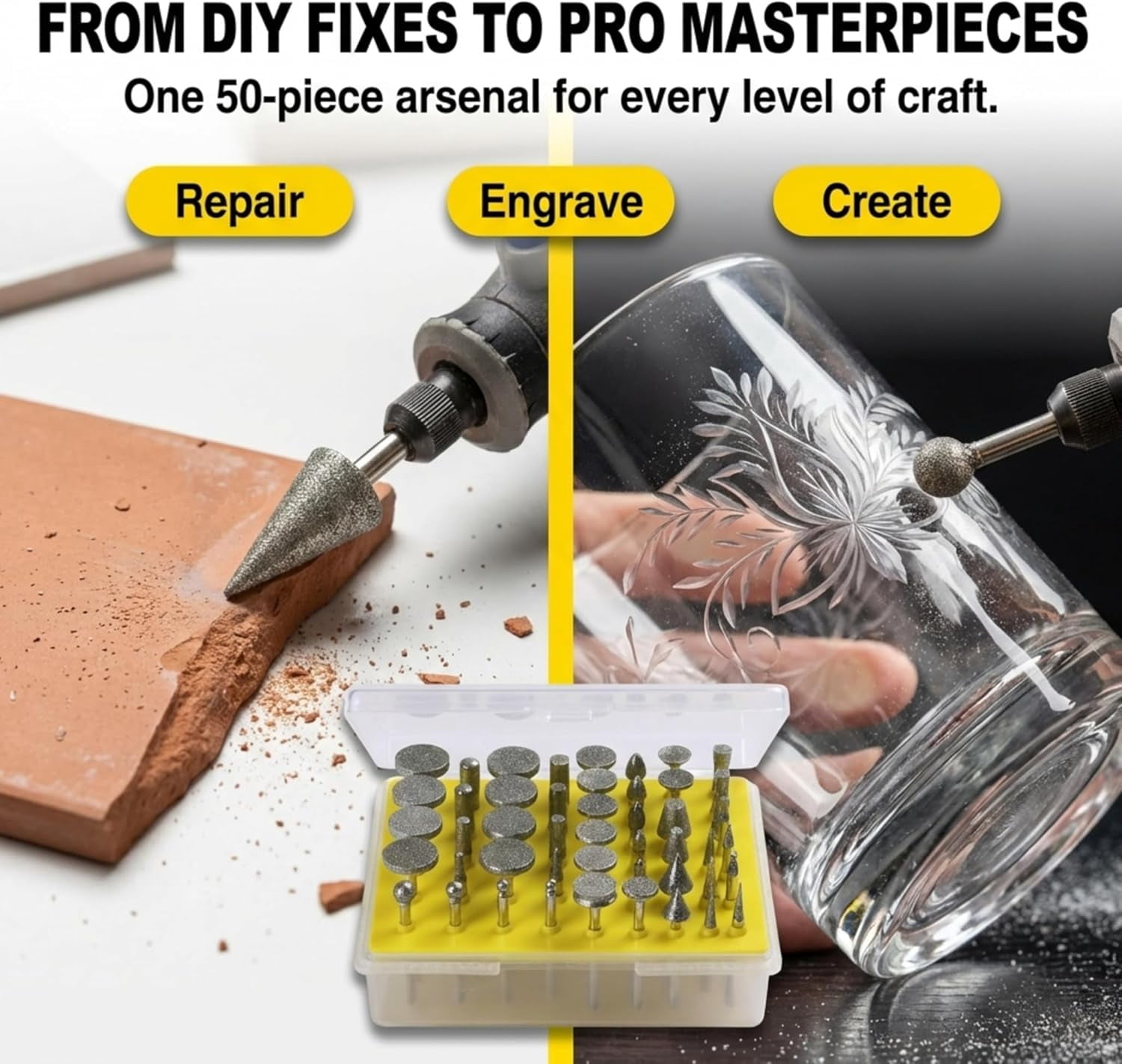 Drilax 50 Pc Diamond Rotary Tool Bits Set, 120 Grit Carving Engraving Burr Kit, 1/8 Inch Shank