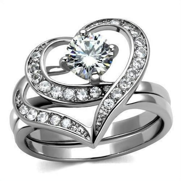 Womens Rings Silver Heart Round Cut Stainless Steel Ring with AAA Grade CZ in Clear