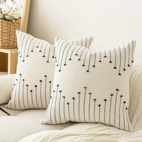 Skodaer Boho Decorative Throw Pillow Covers Beige and Black Striped Pillow Case,18x18,2 Count