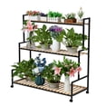 thumbnail image 2 of Naierhg Rustic Plant Stand with Wheels, Rolling Plant Shelf Indoor Outdoor, Metal Plant Rack with Solid Wood for Multiple Plants, 3 Tier Ladder Plant Flower Shelf for Garden, Living Room, Brown Black, 2 of 7