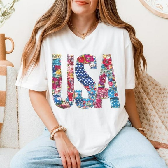 Patchwork USA T-Shirt, Floral Boho 4th of July Shirt for Women, Patriotic American Tee, Cute Family Reunion Gift, Independence Day Top